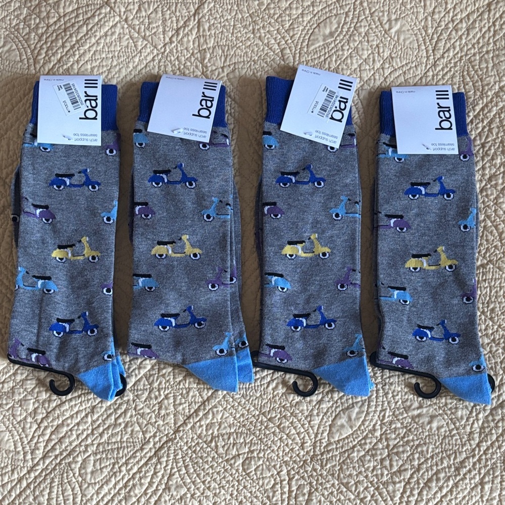 Men's Socks - Heather Gray with Blue & Yellow Scooter Pattern - 4 pack